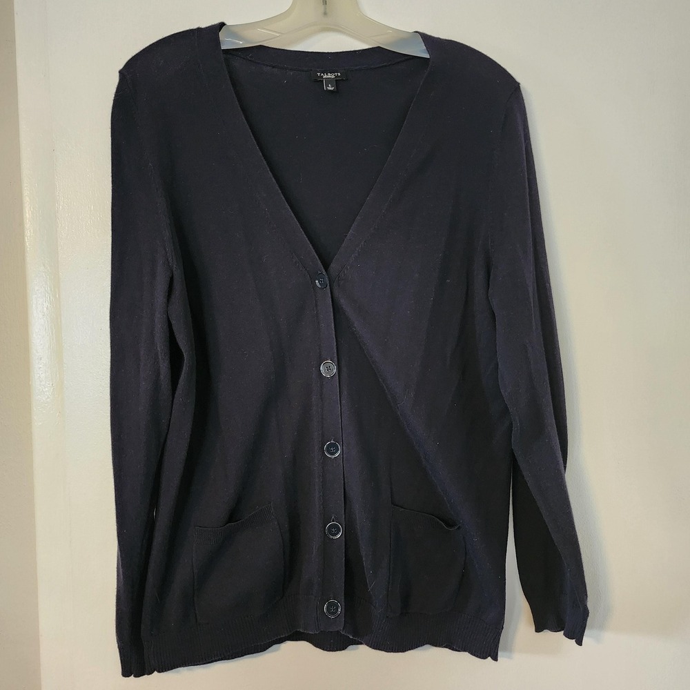 Talbots Black Button Front Cardigan Sweater V-Neck Pockets Size Large L‎